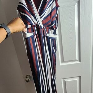 Express Striped Jumpsuit in Navy, White, and Burgundy